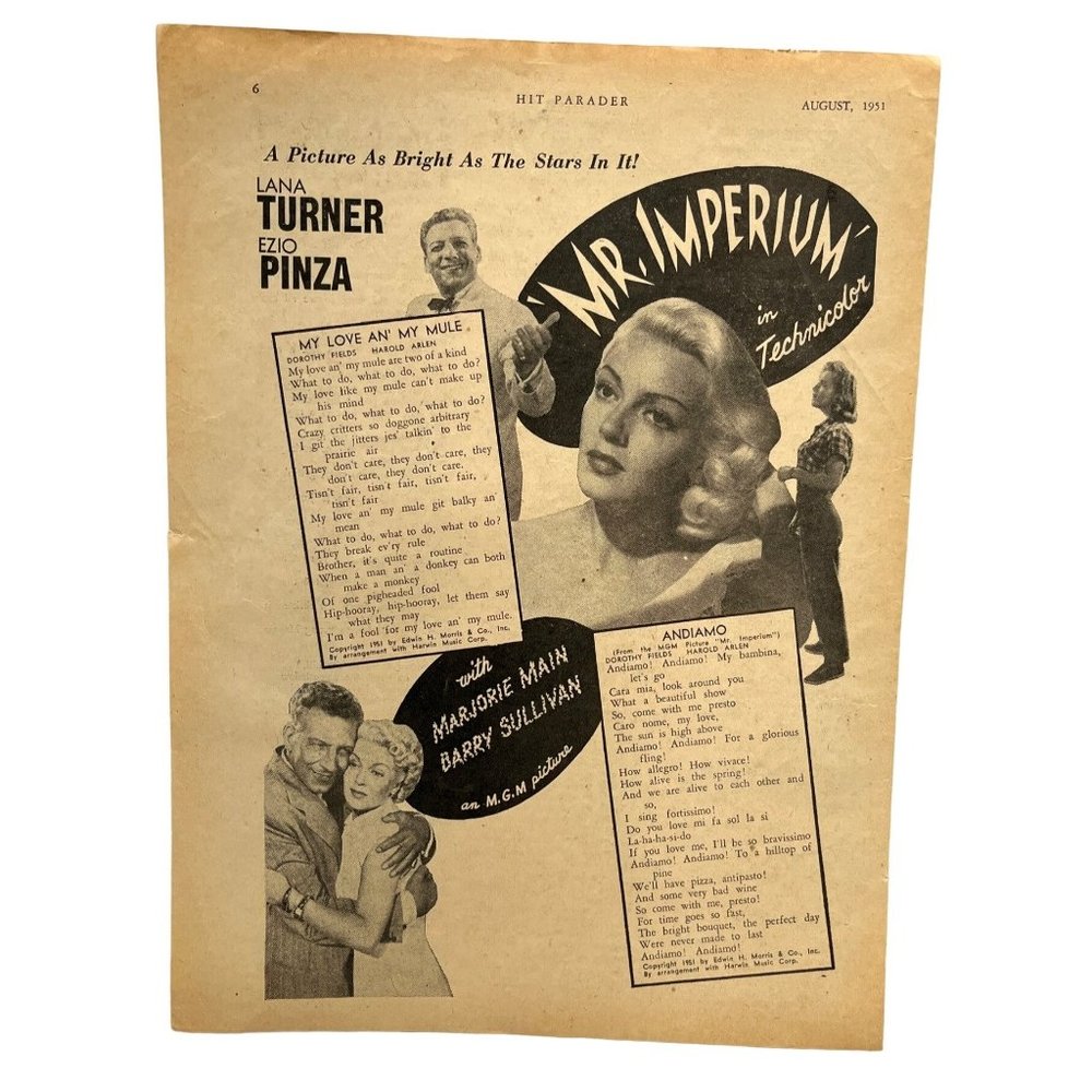 Mr Imperium Vintage Print Ad 1951 Song Lyrics Lana Turner Ezio Pinza MGM Movie